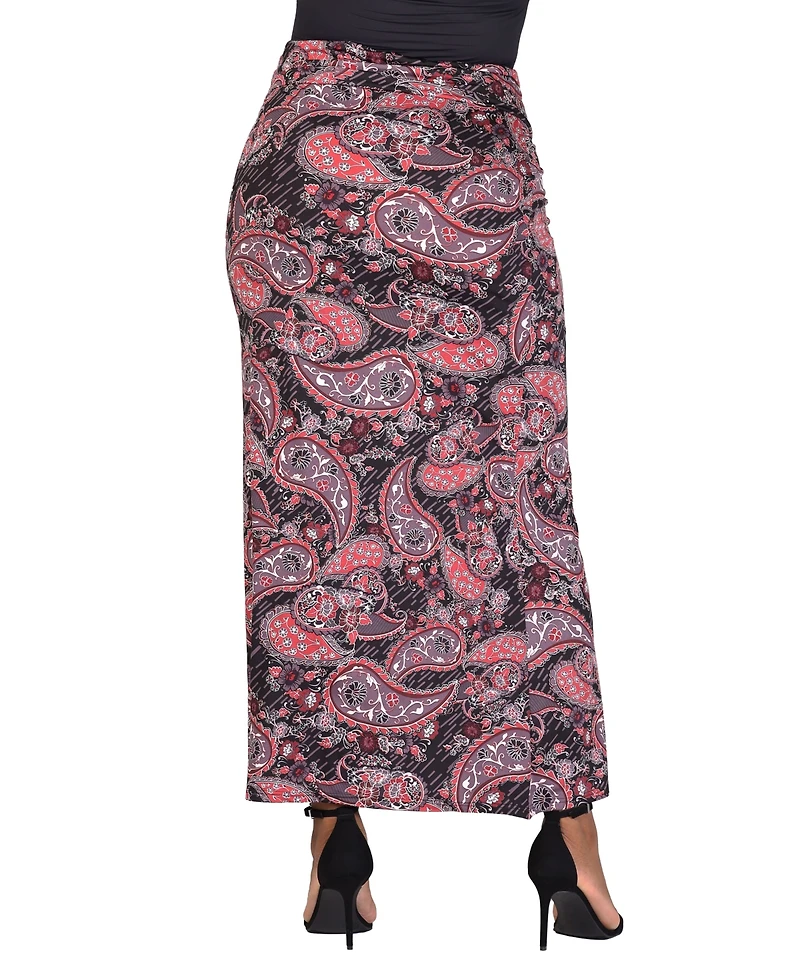 24seven Comfort Apparel Plus Fold Over Waist Printed Maxi Skirt