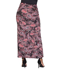 24seven Comfort Apparel Plus Fold Over Waist Printed Maxi Skirt
