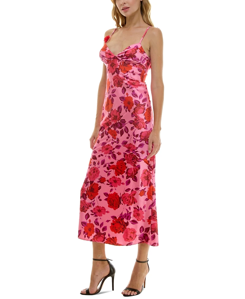 Crystal Doll Juniors' Strappy Floral Satin Maxi Dress