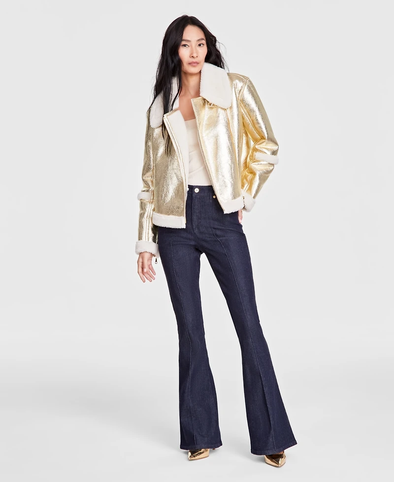 I.n.c. International Concepts Women's Cropped Metallic Aviator Jacket, Created for Macy's