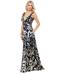 Betsy & Adam Petite Metallic Floral-Print Evening Gown
