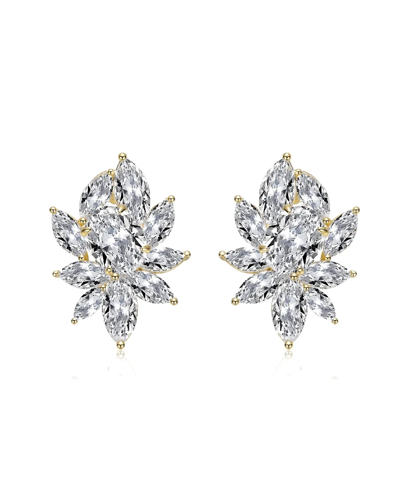 Sterling Silver with Clear Cubic Zirconia Corsage Flower Cluster Stud Earrings White Gold plated and 14k