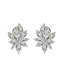 Sterling Silver with Clear Cubic Zirconia Corsage Flower Cluster Stud Earrings White Gold plated and 14k