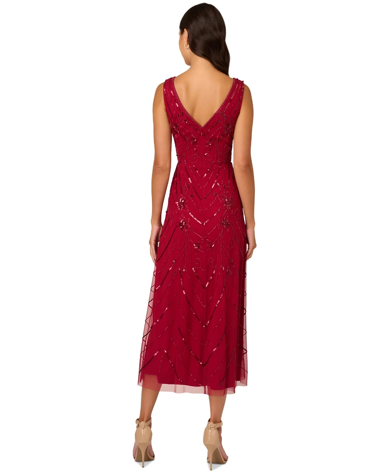 Adrianna Papell Women's Beaded V-Neck Sleeveless Mesh Dress