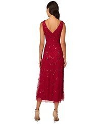 Adrianna Papell Women's Beaded V-Neck Sleeveless Mesh Dress