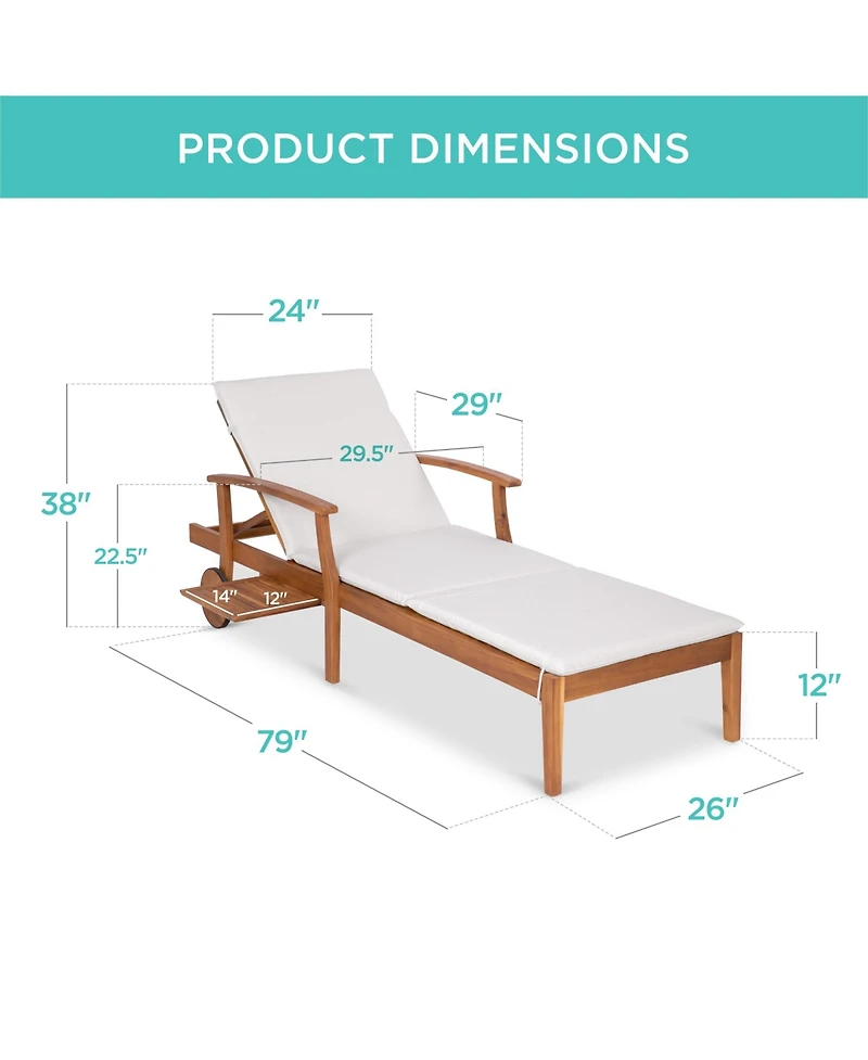 Best Choice Products 79x26in Acacia Wood Outdoor Chaise Lounge Chair w/ Adjustable Backrest, Table, Wheels