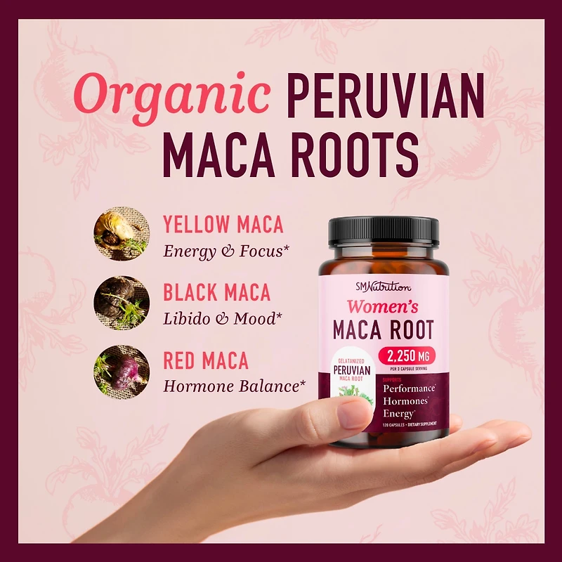 Organic Maca Root Capsules for Women, Peruvian Maca 2250MG Extra Strength, Supports Energy, Hormone Balance & Menopause, SMNutrition, 120ct