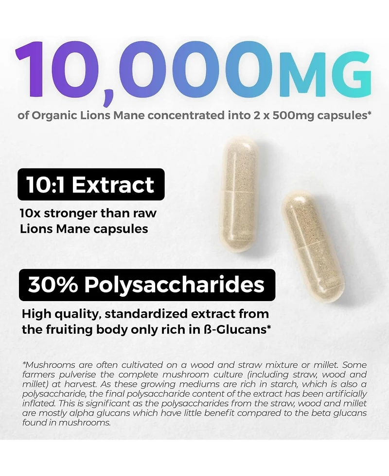Usda Lions Mane 10:1 Extract - High Strength 30% Polysaccharides - for Energy, Memory and Focus