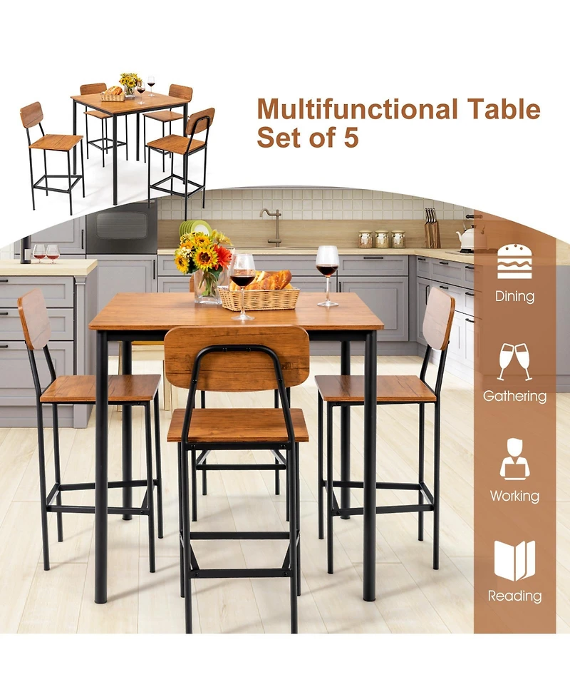 5-Piece Industrial Dining Table Set with Counter Height and 4 Bar Stools-Walnut