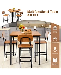 5-Piece Industrial Dining Table Set with Counter Height and 4 Bar Stools-Walnut