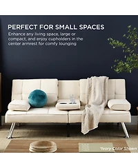 Best Choice Products Modern Linen Convertible Futon Sofa Bed w/ Removable Armrests, Metal Legs, Cupholders