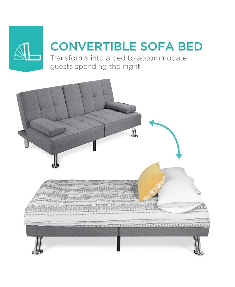 Best Choice Products Modern Linen Convertible Futon Sofa Bed w/ Removable Armrests, Metal Legs, Cupholders