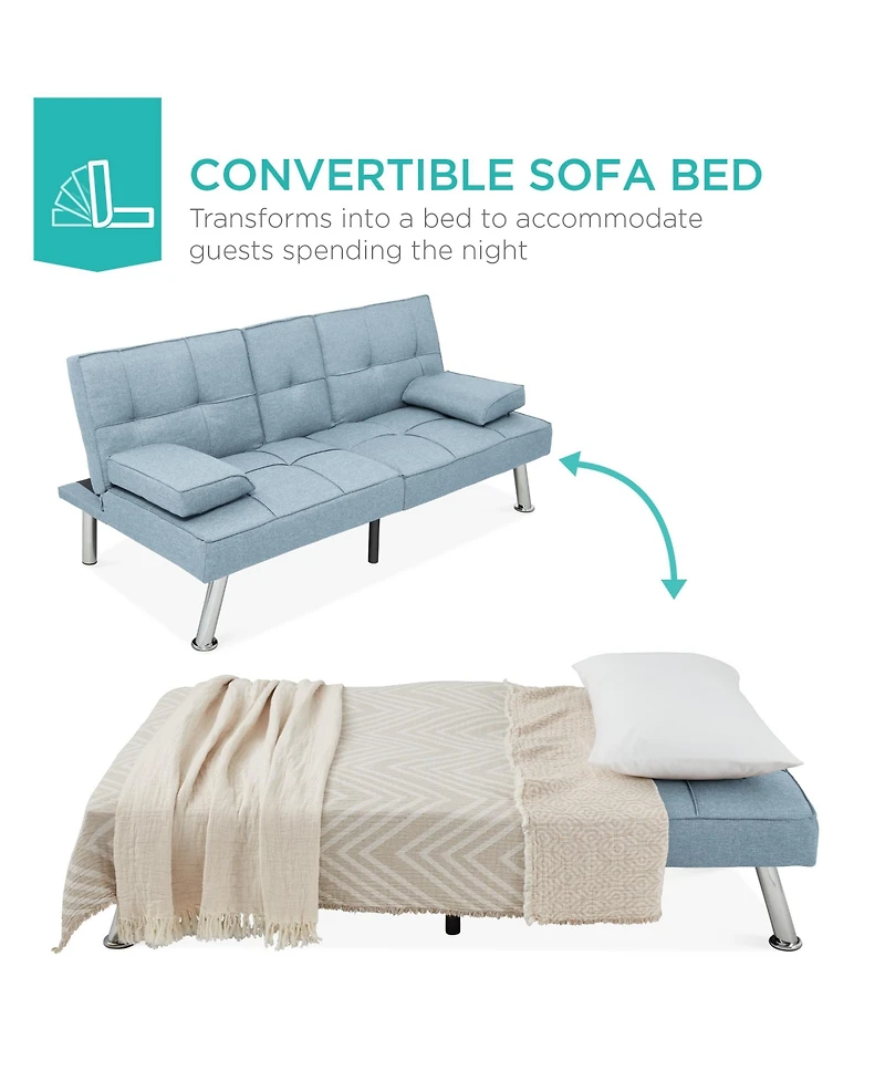 Best Choice Products Modern Linen Convertible Futon Sofa Bed w/ Removable Armrests, Metal Legs, Cupholders