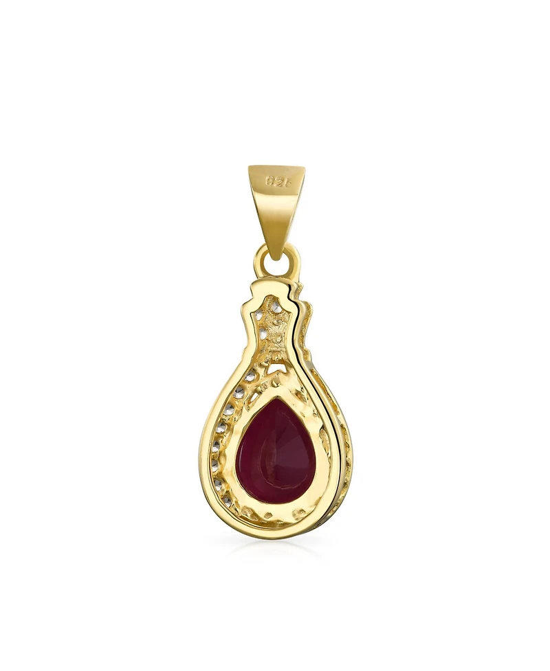 Bling Jewelry 3.5CT Teardrop Created Synthetic Ruby Zircon Halo Pendant Necklace Gold Plated Sterling Silver