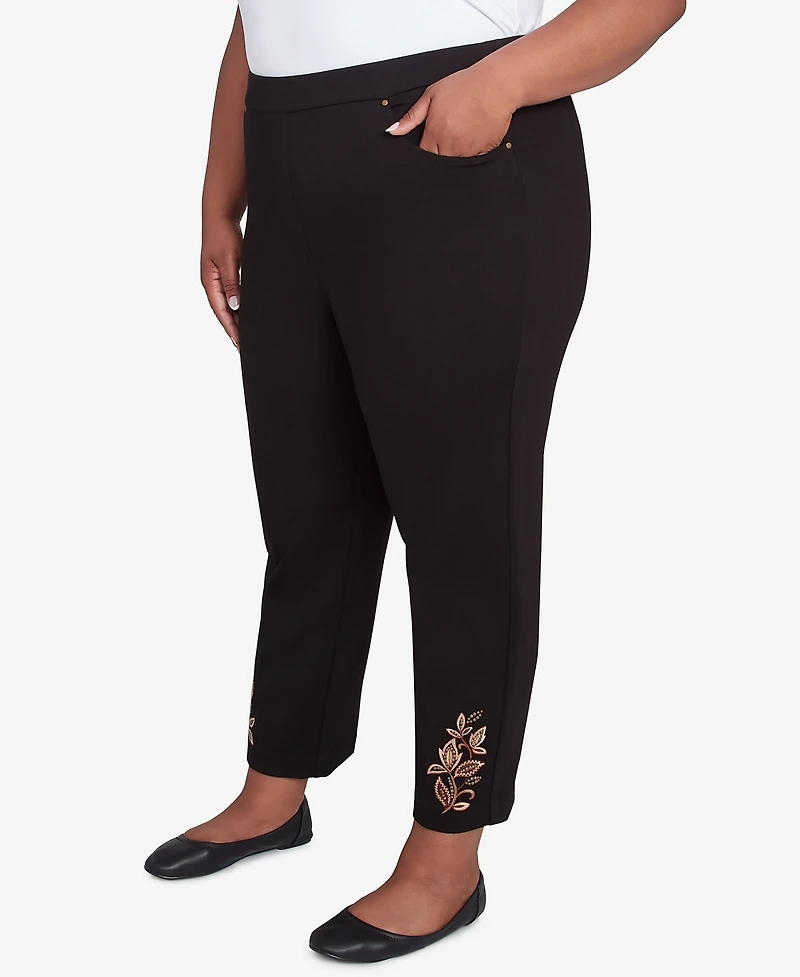 Alfred Dunner Plus Size Rue Rivoli Embroidered Leaf Flat Elastic Waist Average Length Ponte Pants