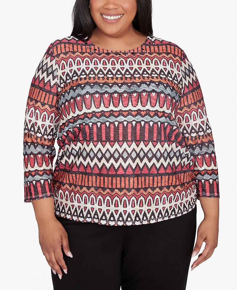Alfred Dunner Plus Size Runway Ready Geometric Crew Neck Ruched Side Top