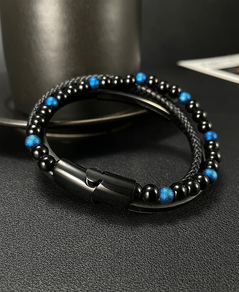 Rhona Sutton Blue Beaded Identification Leather Stainless Steel Bracelet
