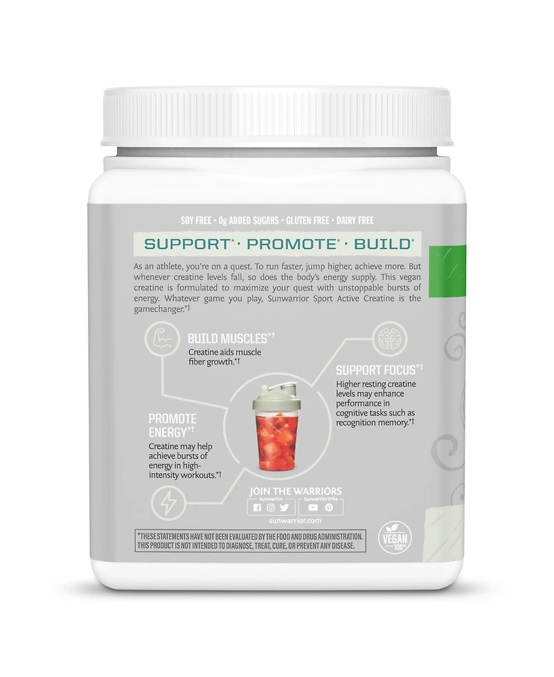 Sunwarrior Active Creatine Monohydrate Powder, Organic Creatine & Keto Friendly, Unflavored, 300gm (60 Servings)