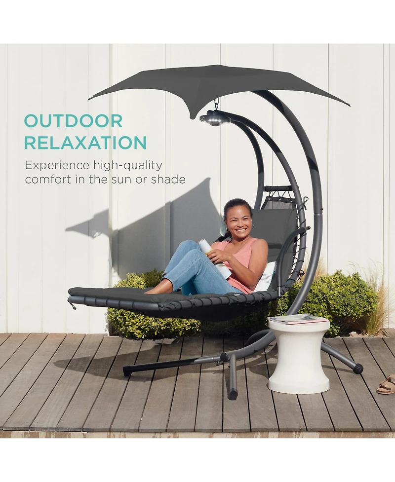 Best Choice Products Hanging Curved Chaise Lounge Chair Swing for Backyard, Patio w/ Pillow, Shade, Stand