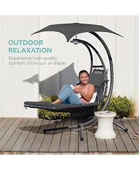 Best Choice Products Hanging Curved Chaise Lounge Chair Swing for Backyard, Patio w/ Pillow, Shade, Stand