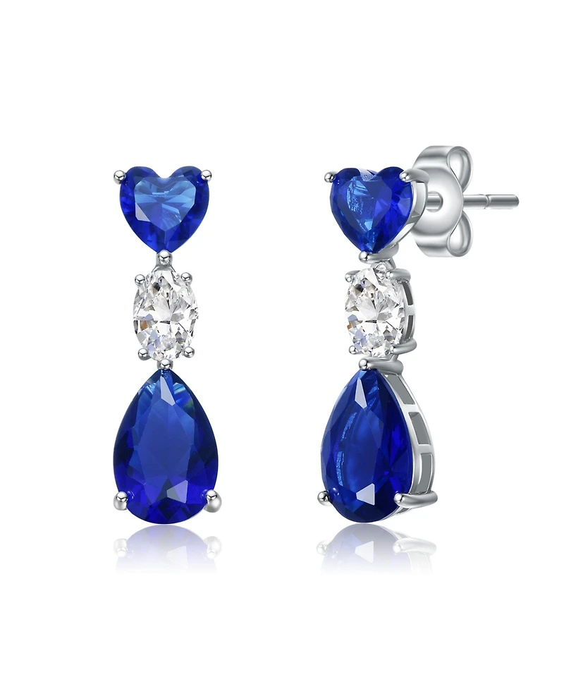 Sterling Silver White Gold plated with Blue & White Cubic Zirconia Three-Stone Linear Dangle Earrings