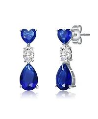Sterling Silver White Gold plated with Blue & White Cubic Zirconia Three-Stone Linear Dangle Earrings