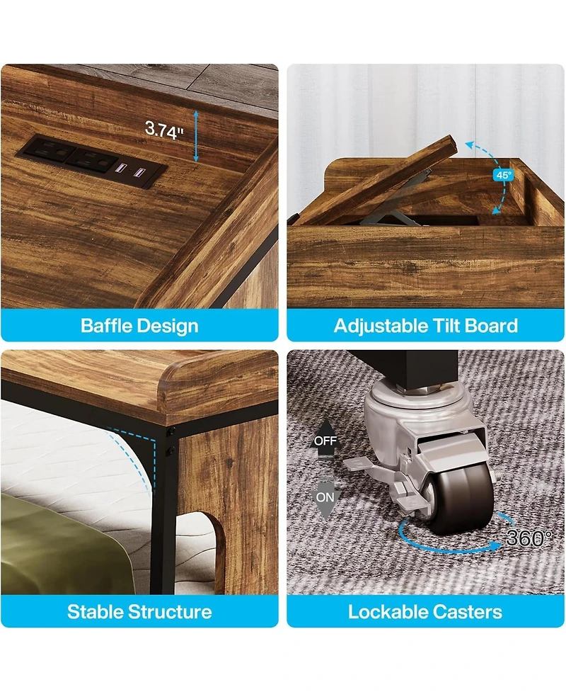 Tribesigns Overbed Table with Wheels, 71" Queen Size Bed Table with Adjustable Tilt Board, Mobile Laptop Cart with Outlets & Usb Ports