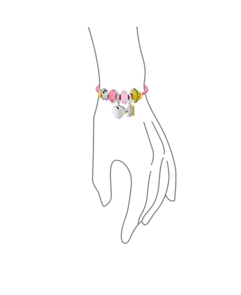 Bling Jewelry #1 Mom Family Heart Theme Beads Multi Charm Bracelet .925 Sterling Silver Pink Leather European Barrel Snap Clasp Bracelets 6.5 7 7.5 8