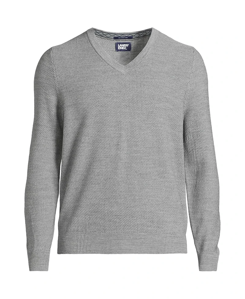 Lands' End Men's Long Sleeve Washable Merino Wool V Neck Sweater