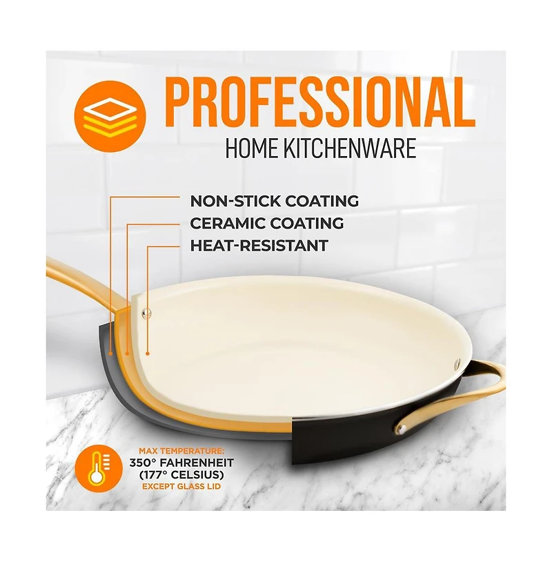 NutriChef 14'' Non-Stick Fry Pan with Lid – Durable Pan with Silicone Handle, Interior Non-stick Ceramic Coating and Polyester coating Outside