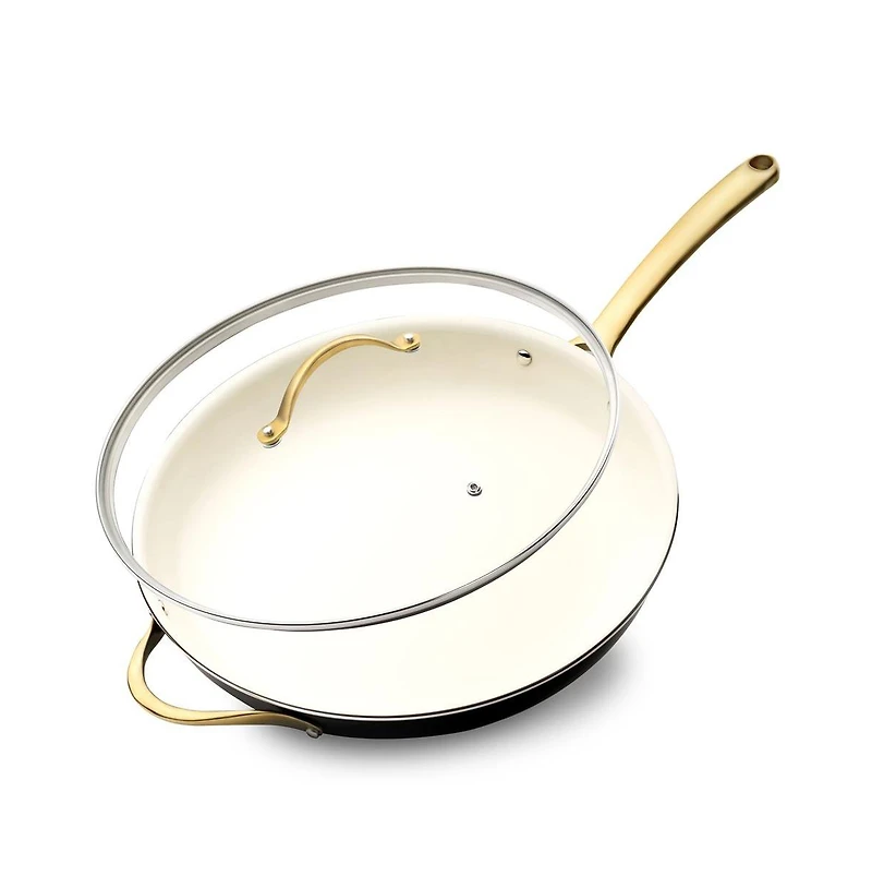 NutriChef 14'' Non-Stick Fry Pan with Lid – Durable Pan with Silicone Handle, Interior Non-stick Ceramic Coating and Polyester coating Outside