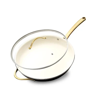 NutriChef 14'' Non-Stick Fry Pan with Lid – Durable Pan with Silicone Handle, Interior Non-stick Ceramic Coating and Polyester coating Outside