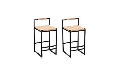 Set of 2 Bar Stools with Back Paper Rope Woven Counter Height Dining Chairs for Kitchen