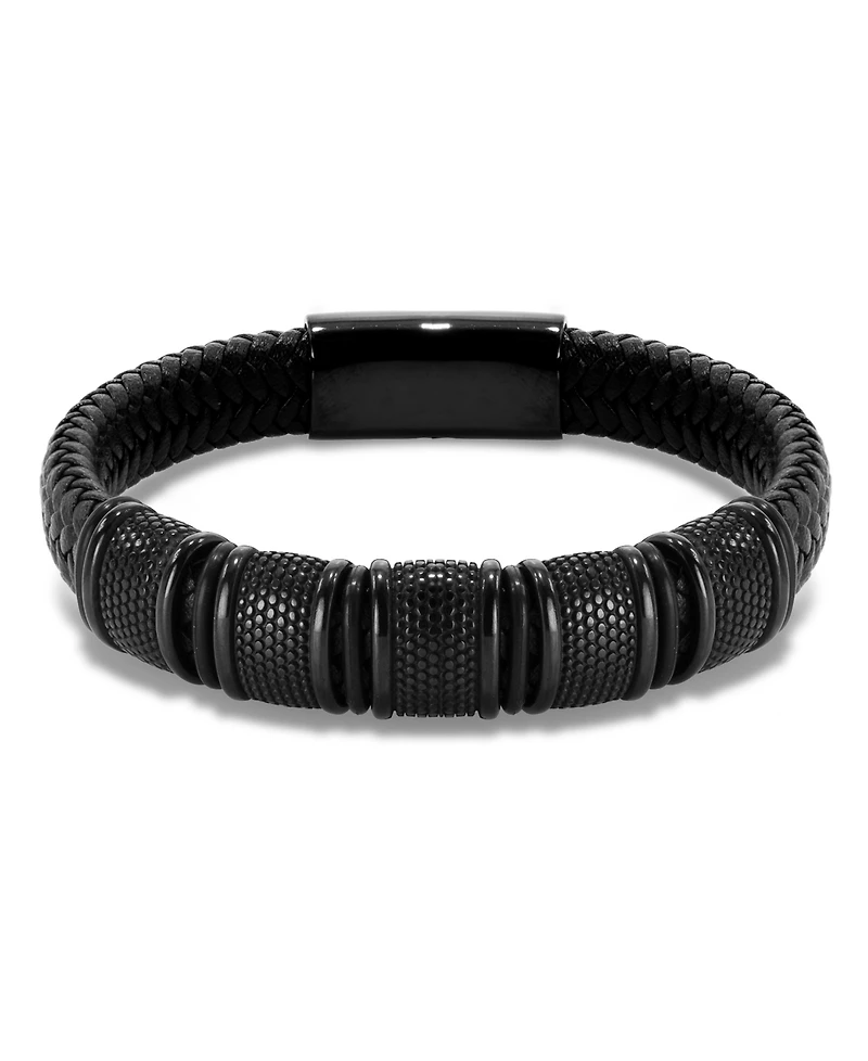 Rhona Sutton Vanguard Black Leather Stainless Steel Bracelet