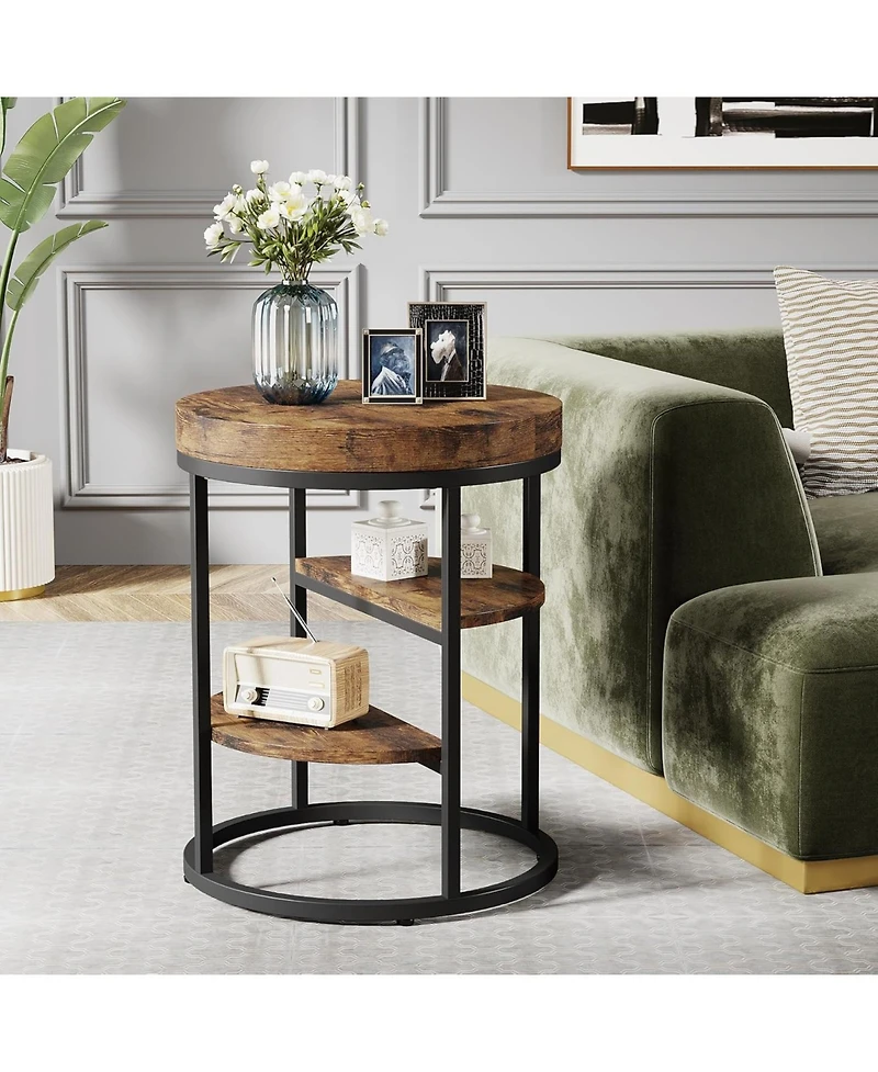 Tribesigns Round End Table, Small End Table with 3 Storage Shelves,Industrial Wooden Sofa Side Table, Rustic Brown Nightstand and Bedside Table