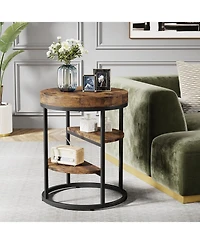 Tribesigns Round End Table, Small End Table with 3 Storage Shelves,Industrial Wooden Sofa Side Table, Rustic Brown Nightstand and Bedside Table