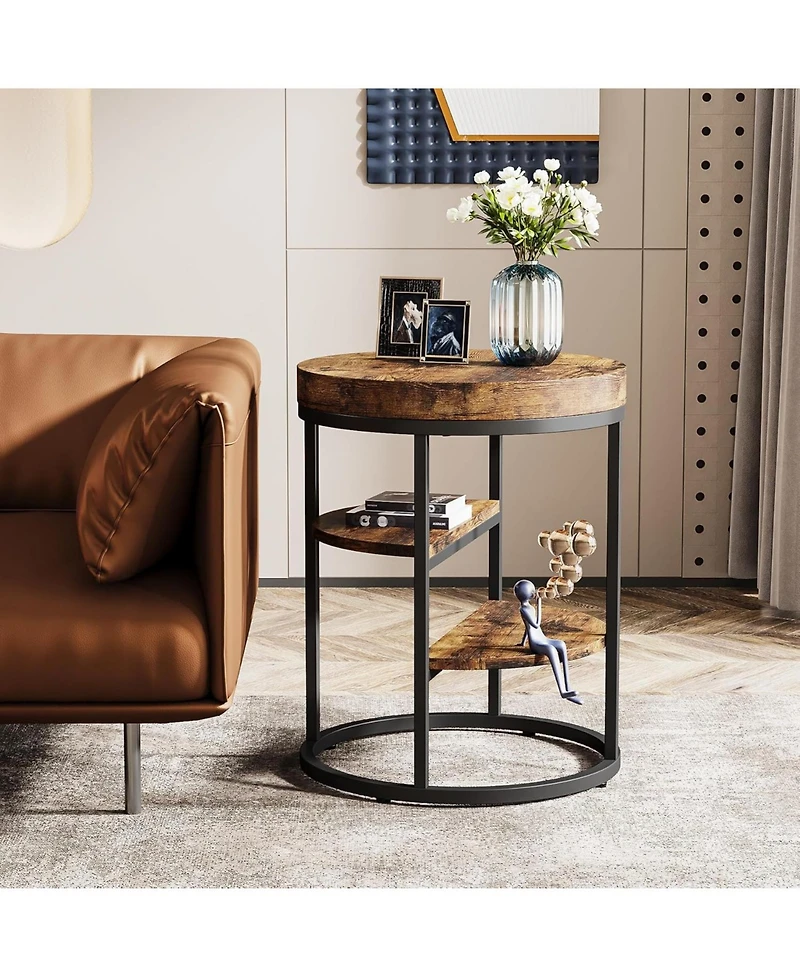 Tribesigns Round End Table with 3 Storage Shelves, Wood Side Table, Industrial Sofa Side Table, Rustic Brown Nightstand and Bedside Table