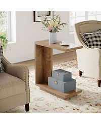 Tribesigns C-Shaped Side Table, 2-Tier Narrow End Table, Wood Bedside Table Nightstand for Bedroom, Industrial Sofa End Table for Living Room, Brown