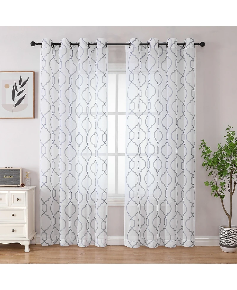 Kate Aurora Transcendence 1 Piece Grommet Top Embroidered Sheer Trellis Clover Window Curtain Panel - Silver