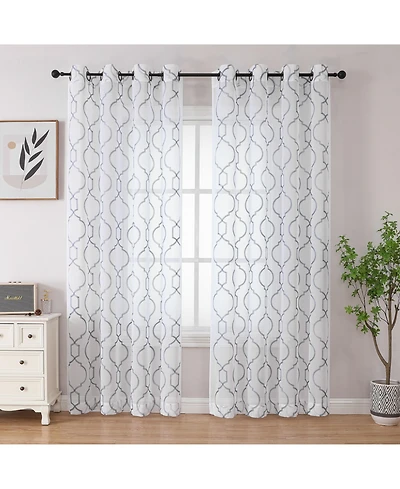 Kate Aurora Transcendence 1 Piece Grommet Top Embroidered Sheer Trellis Clover Window Curtain Panel - Silver