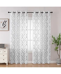 Kate Aurora Transcendence 1 Piece Grommet Top Embroidered Sheer Trellis Clover Window Curtain Panel - Silver