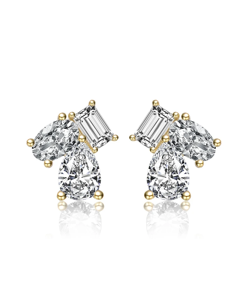 Sterling Silver Cubic Zirconia Three-Stone Cluster Stud Earrings White Gold Plated or 14k