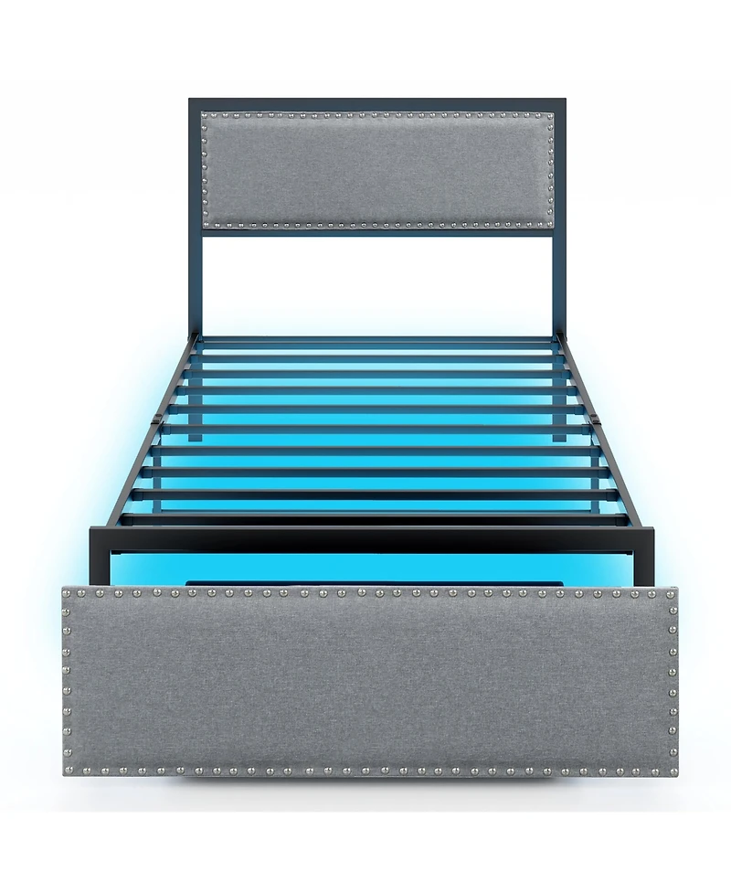 Gymax Twin Size Bed Frame w/ Storage Drawer Metal Platform Bed w/ Led Lights