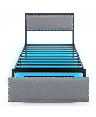 Gymax Twin Size Bed Frame w/ Storage Drawer Metal Platform Bed w/ Led Lights