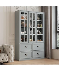 Famapy Grey Wood Bookcase With Tempered Glass Doors and 6-Drawers