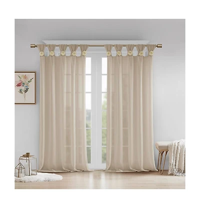 Rosette Floral Embellished Cuff Tab Top Solid Curtain Panel
