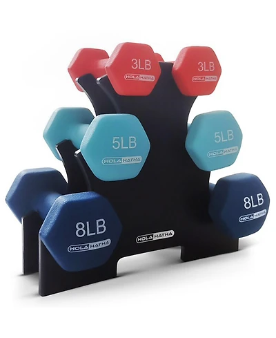 HolaHatha 3, 5, and 8 Pound Dumbbell Hand Weight Set with Storage Rack, Multi
