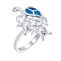 Bling Jewelry Nautical Tropical Beach Vacation Sea Mom Mother Children Tortoise Family Blue Created Opal Inlay Turtle Ring .925 Sterling Silver