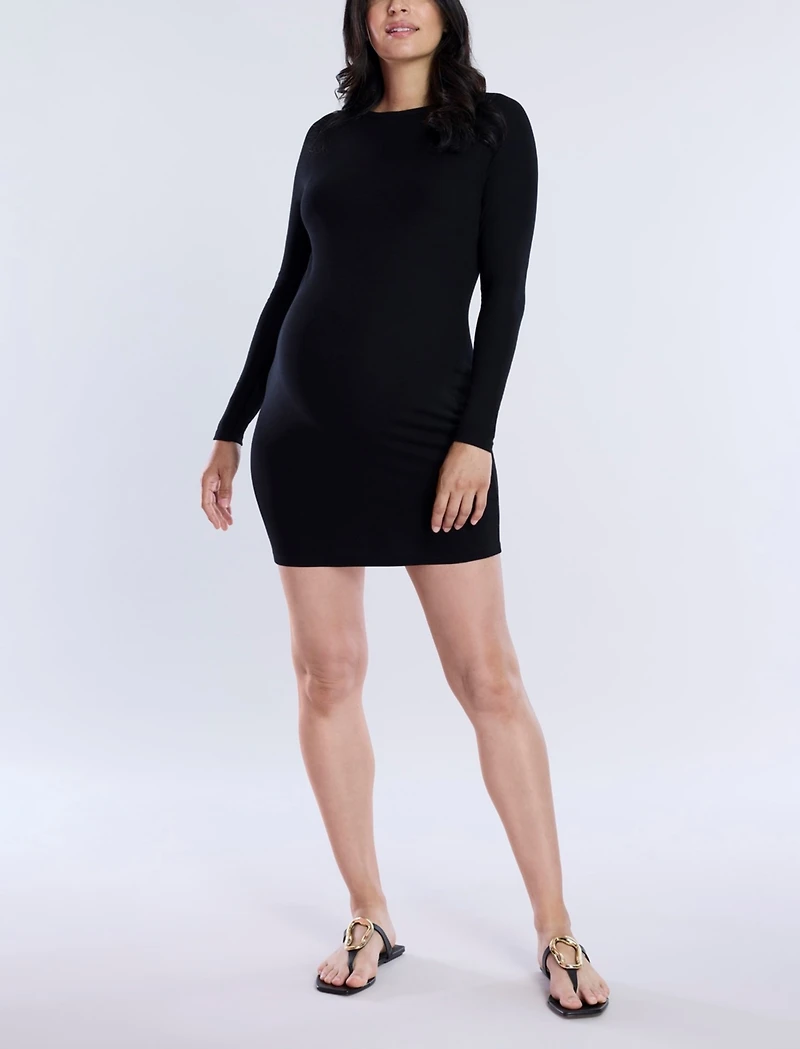 Motherhood Maternity Crew Neck Rib Knit Long Sleeve Mini Dress