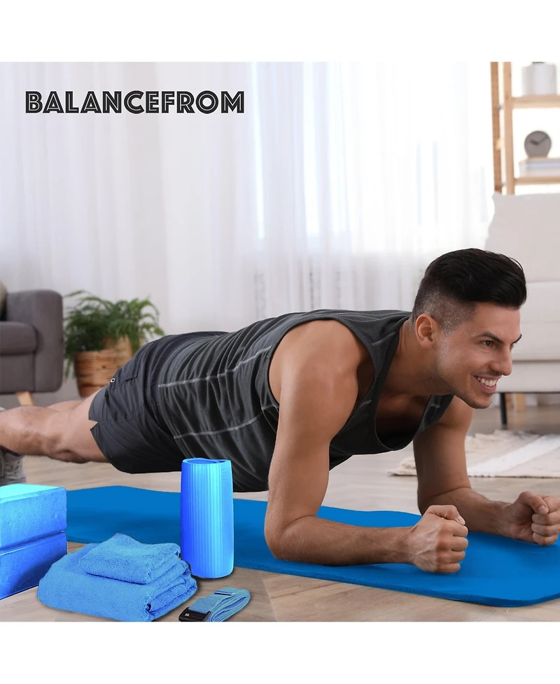 BalanceFrom Fitness 7 Piece Yoga Set with Mat, Stretch Strap, & Knee Pad, Blue